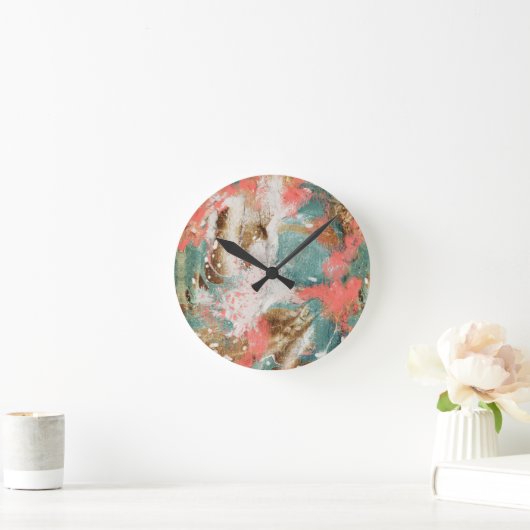 モダン抽象芸術絵画サンゴティール(緑がかった色)金ゴールド白 ラウンド壁時計 (ホーム)