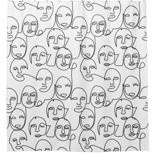 モダン抽象芸術線顔連続線アート シャワーカーテン (正面)