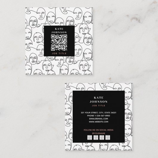 モダン抽象芸術線顔連続線アート スクエア名刺 (正面/裏面)