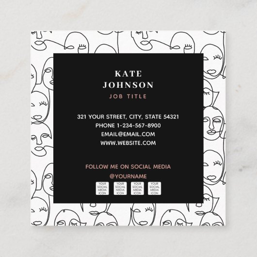 モダン抽象芸術線顔連続線アート スクエア名刺 (裏面)