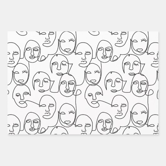 モダン抽象芸術線顔連続線アート ラッピングペーパーシート (正面)