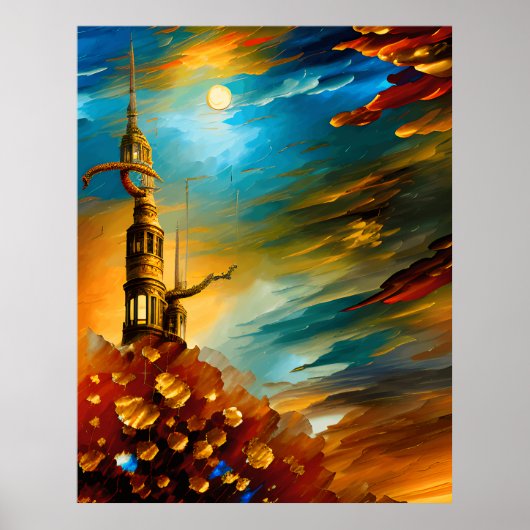 モダン抽象芸術美しい赤ティール(緑がかった色)金ゴールドポスター ポスター (正面)