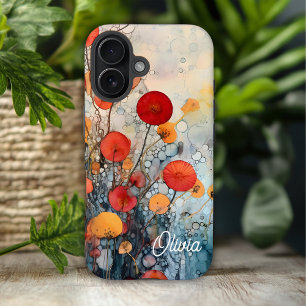 モダン抽象芸術花パーソナライズされた名 iPhone 16ケース