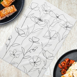 モダン抽象芸術花白黒ミニマルフローラ キッチンタオル