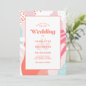 モダン抽象芸術芸術的コーラル結婚ティール（緑がかった色） 招待状 (スタンド正面)