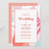 モダン抽象芸術芸術的コーラル結婚ティール（緑がかった色） 招待状 (正面/裏面)