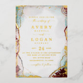 モダン抽象芸術赤結婚水実在色の金ゴールド 箔招待状 (正面)