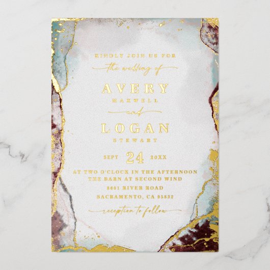 モダン抽象芸術赤結婚水実在色の金ゴールド 箔招待状 (正面)