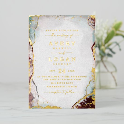 モダン抽象芸術赤結婚水実在色の金ゴールド 箔招待状 (立ち正面)