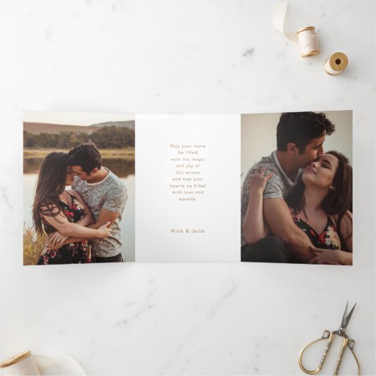 モダン抽象芸術金ゴールドの行と写真 三つ折りクリスマスカード (内部)