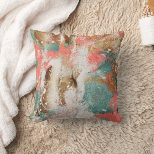 モダン抽象芸術金ゴールドピンクティール(緑がかった色)ホワ絵画イト クッション (ブランケット)