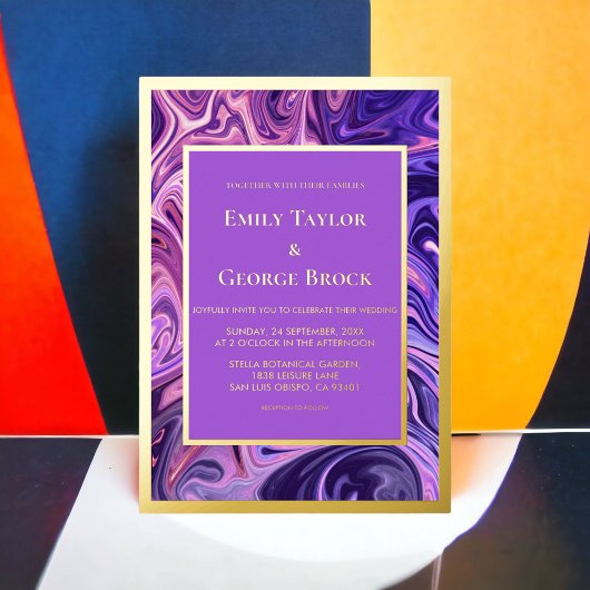 モダン抽象芸術銀河系アートウェーブブルー金ゴールド結婚ズ 箔招待状