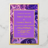 モダン抽象芸術銀河系アートウェーブブルー金ゴールド結婚ズ 箔招待状 (正面)