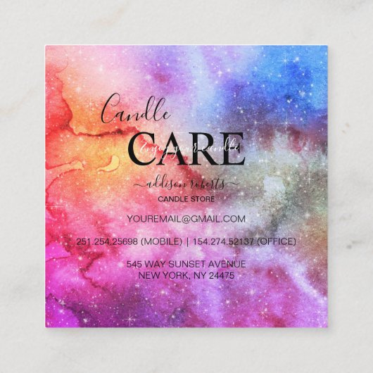 モダン抽象芸術銀河系水彩キャンドル気に スクエア名刺 (裏面)