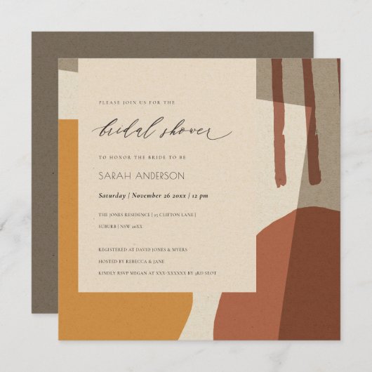 モダン抽象芸術錆イエロー芸術的ブライダルシャワー 招待状 (正面/裏面)