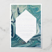 モダン抽象芸術青ミニマル波結婚銀 箔招待状 (正面)