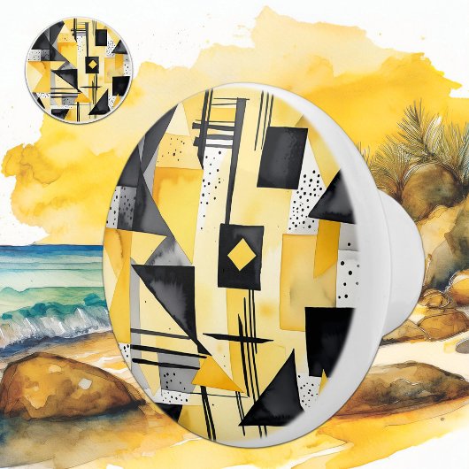 モダン抽象芸術黄色と黒の水色 セラミックノブ