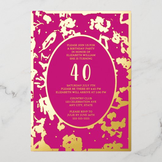 モダン抽象芸術40歳の誕生日テンプレートピンクユニーク 箔招待状 (正面)