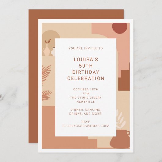 モダン抽象芸術50誕生日幾何自然図形 招待状 (正面/裏面)