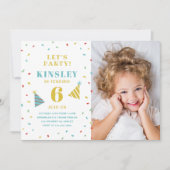 モダン振カラフルりかける子供の写真誕生日 招待状 (正面)