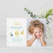 モダン振カラフルりかける子供の写真誕生日 招待状 (スタンド正面)