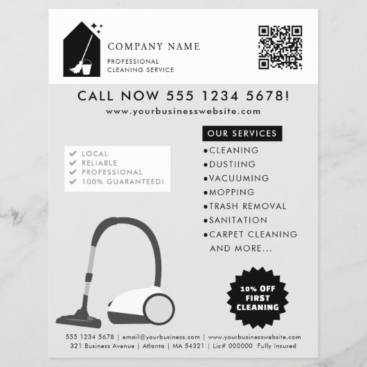 モダン掃除サービスロゴ グレーQRコード チラシ (正面)