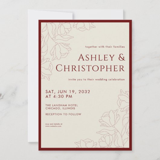 モダン描フローラクリムンレッド結婚ズ 招待状 (正面)