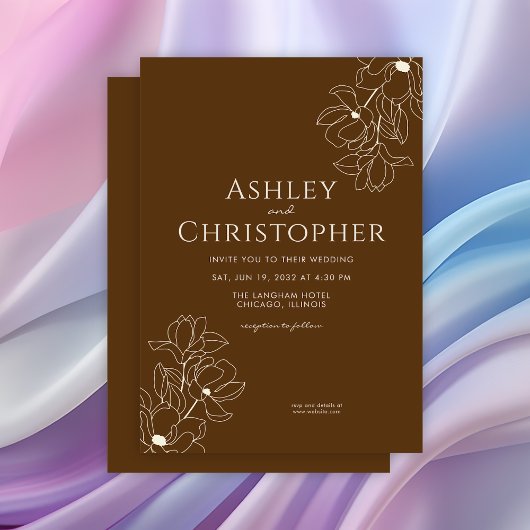 モダン描フローラゴールデン結婚ブラウン 招待状