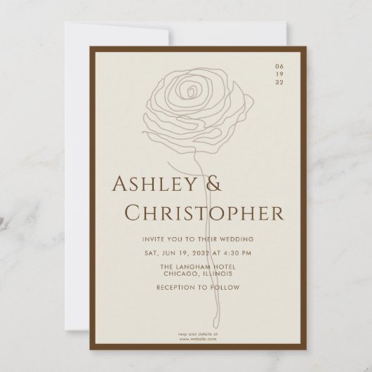 モダン描フローラゴールデン結婚ブラウン 招待状 (正面)