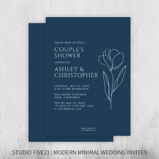 モダン描フローラネイビーブルーウェディングシャワー 招待状