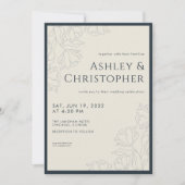 モダン描フローラネイビー結婚ブルー 招待状 (正面)