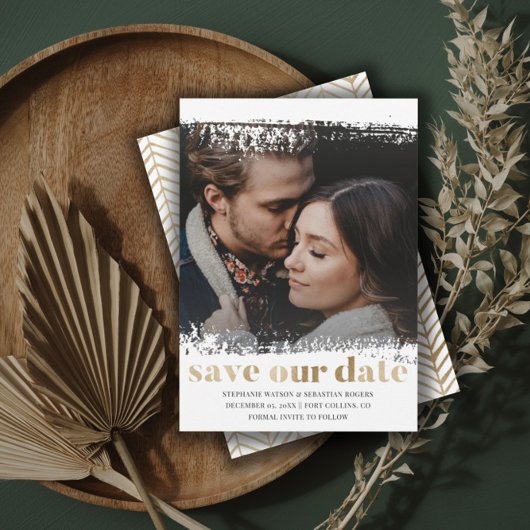 モダン救日の写真金ゴールドと白 招待状