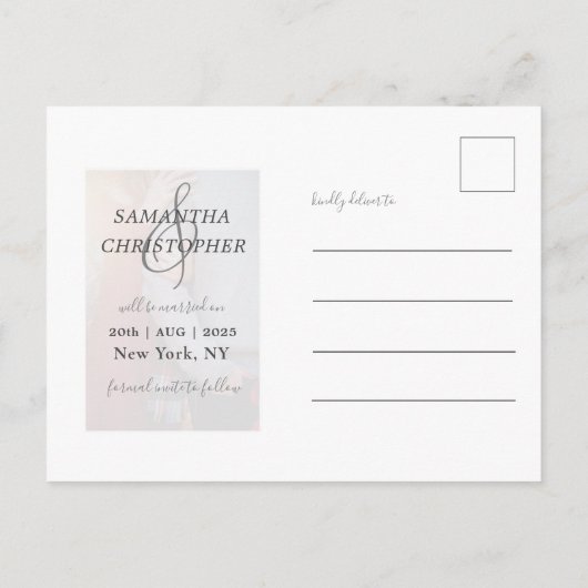 モダン救Date写真エレガントScript結婚s 案内ポストカード (裏面)
