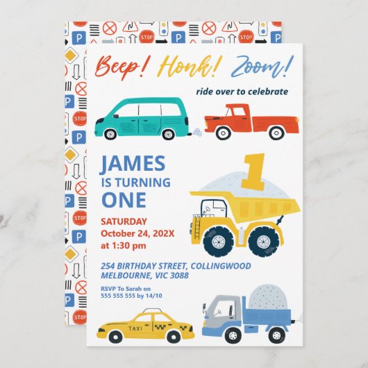 モダン数々の輸送第1誕生日 招待状 (正面/裏面)