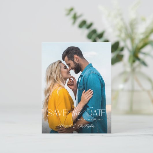 モダン文字オーバーレイ写真の保存日付 ポストカード (スタンド正面)