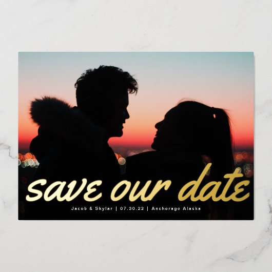 モダン文字数々の写真の発表 箔招待状 (正面)