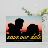 モダン文字数々の写真の発表 箔招待状 (立ち正面)