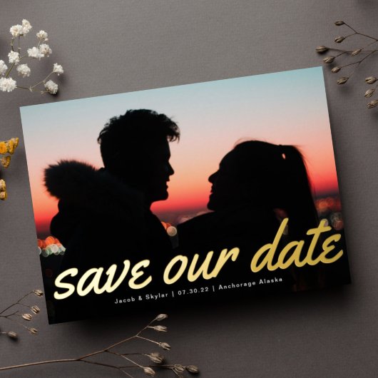 モダン文字数々の写真の発表 箔招待状