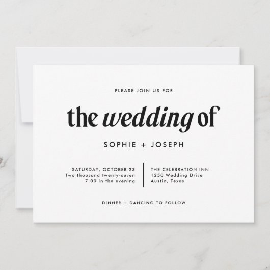 モダン文字 | QRコード結婚付き白黒 招待状 (正面)