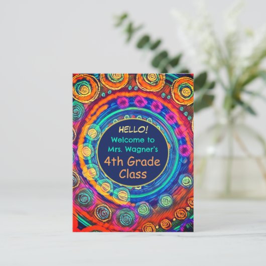 モダン新学期先生名クラスカラフル ポストカード (スタンド正面)