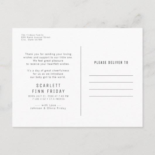 モダン新生児誕生発表ポートレート写真 ポストカード (裏面)