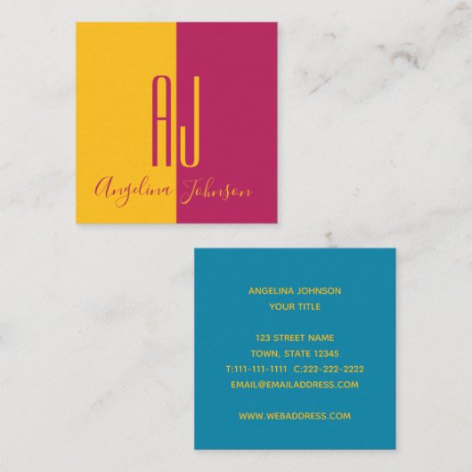 モダン明るい赤紫色ピンクと黄色 スクエア名刺 (正面/裏面)