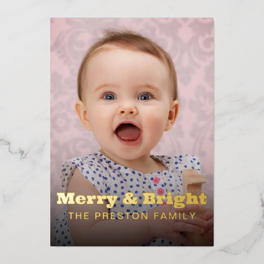 モダン明メリーるいはっきりしたタイポグラフィ2フォトピンク 箔シーズンカード (正面)