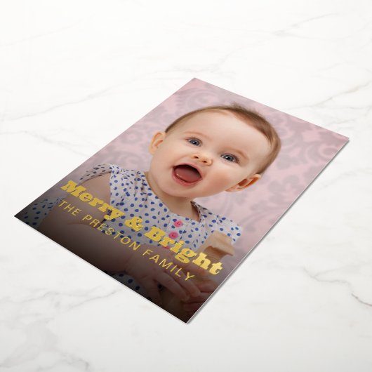 モダン明メリーるいはっきりしたタイポグラフィ2フォトピンク 箔シーズンカード (回転した状態)