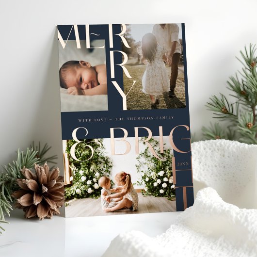 モダン明メリーるいはっきりしたタイポグラフィ3フォトネイビー 箔シーズンカード