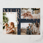 モダン明メリーるいはっきりしたタイポグラフィ3フォトネイビー 箔シーズンカード (正面)