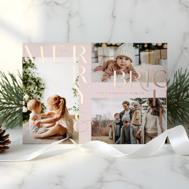 モダン明メリーるいはっきりしたタイポグラフィ3フォトピンク 箔シーズンカード