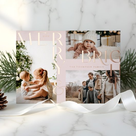 モダン明メリーるいはっきりしたタイポグラフィ3フォトピンク 箔シーズンカード