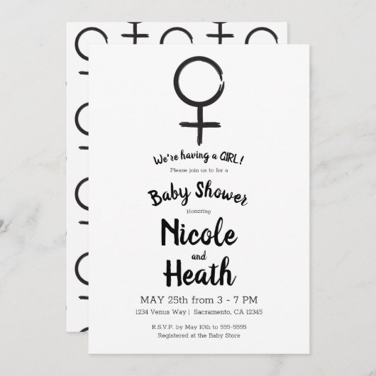 モダン星占いビーナスフェミニンベビーガールシャワー 招待状 (正面/裏面)