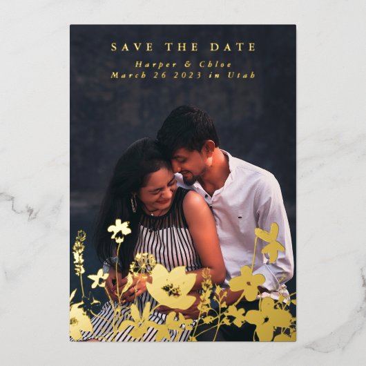 モダン春エレガントワイルドフラワーBoho写真救T  箔招待状 (正面)